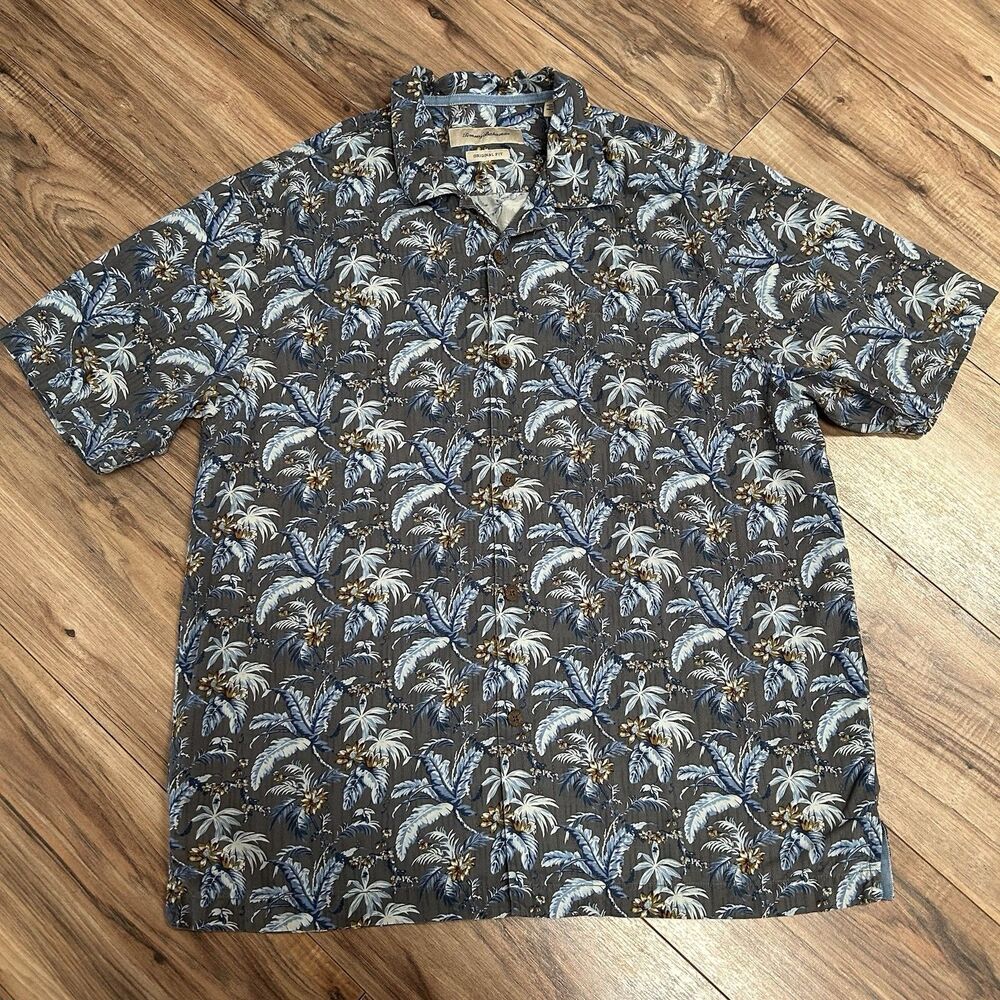 Tommy Bahama Original Fit Silk Hawaiian Tropical Shirt Blue Grey Floral Men’s Lg